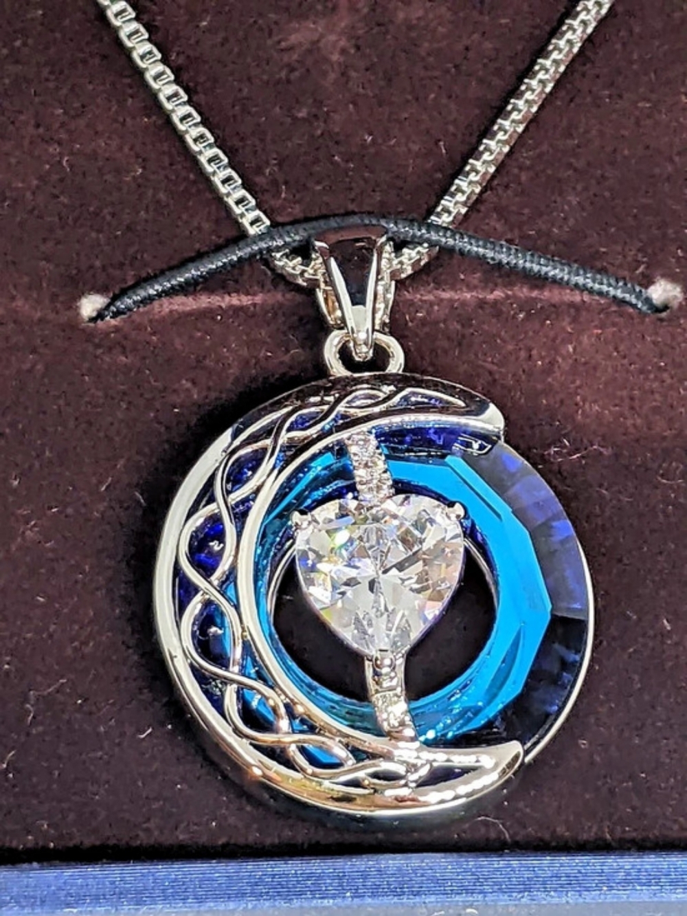 REDBEE Heart Pendant Necklace in 925 STERLING Silver & Blue Like New